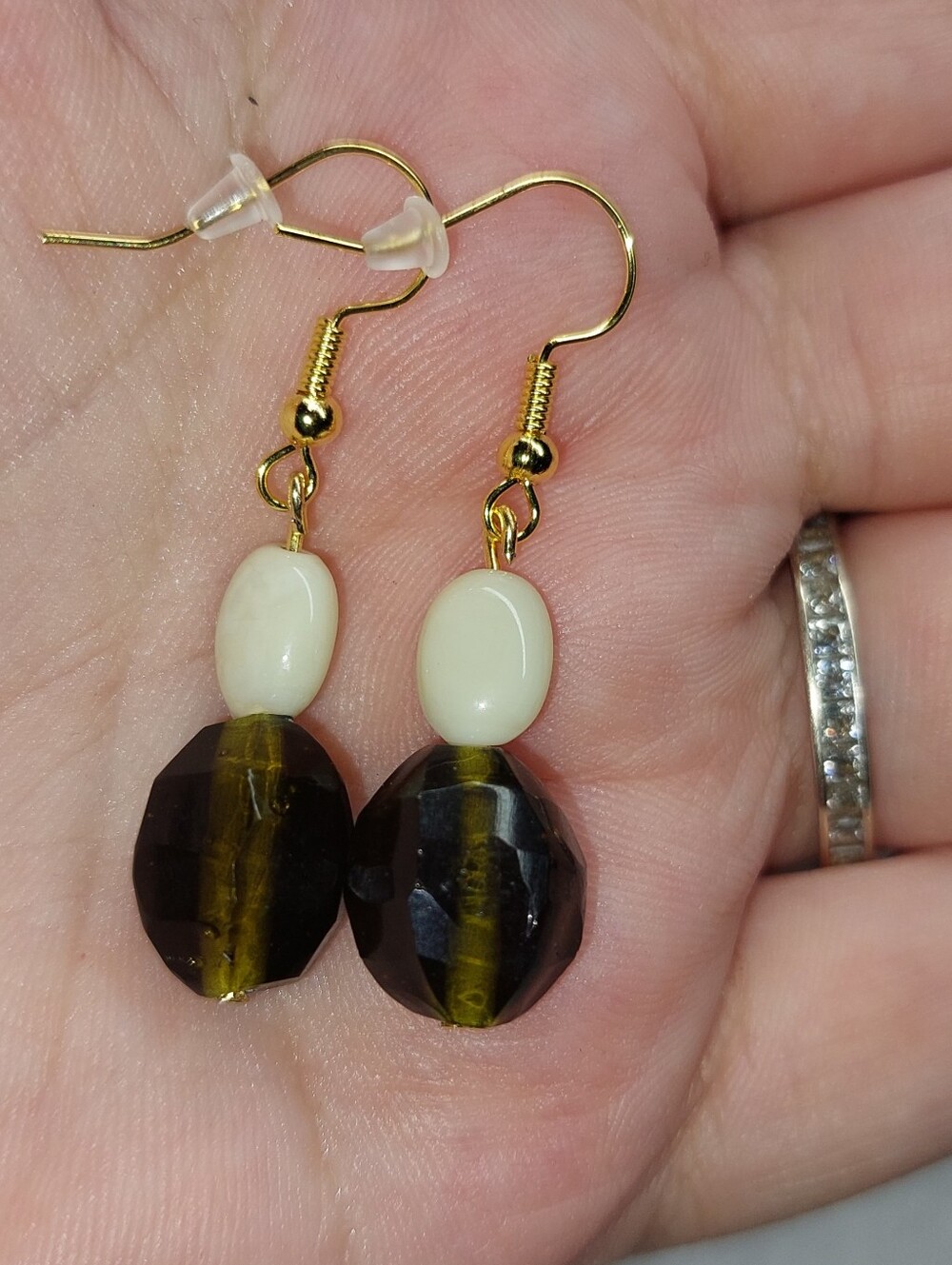 Gold-Tone Brown and Cream Glass Beaded Drop Earrings